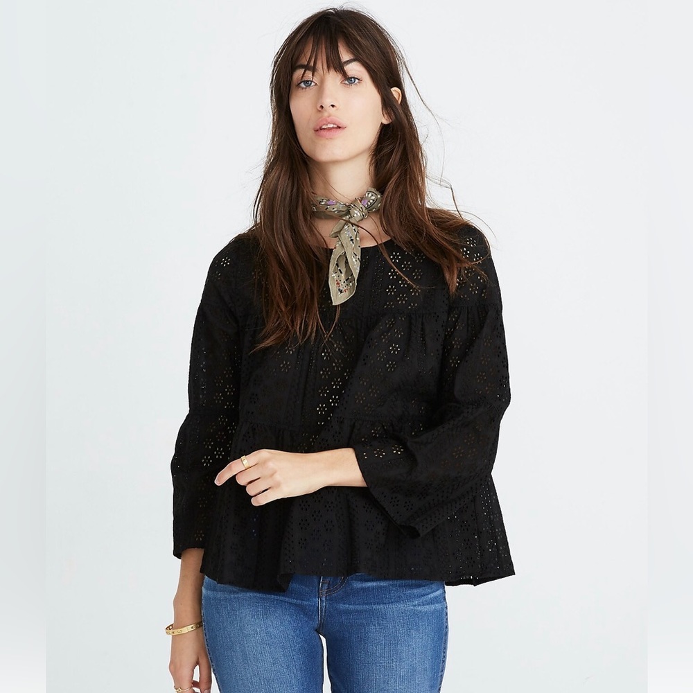 Madewell black eyelet tiered button-back top